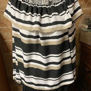 Chic Striped Blouse - Black, White, Tan